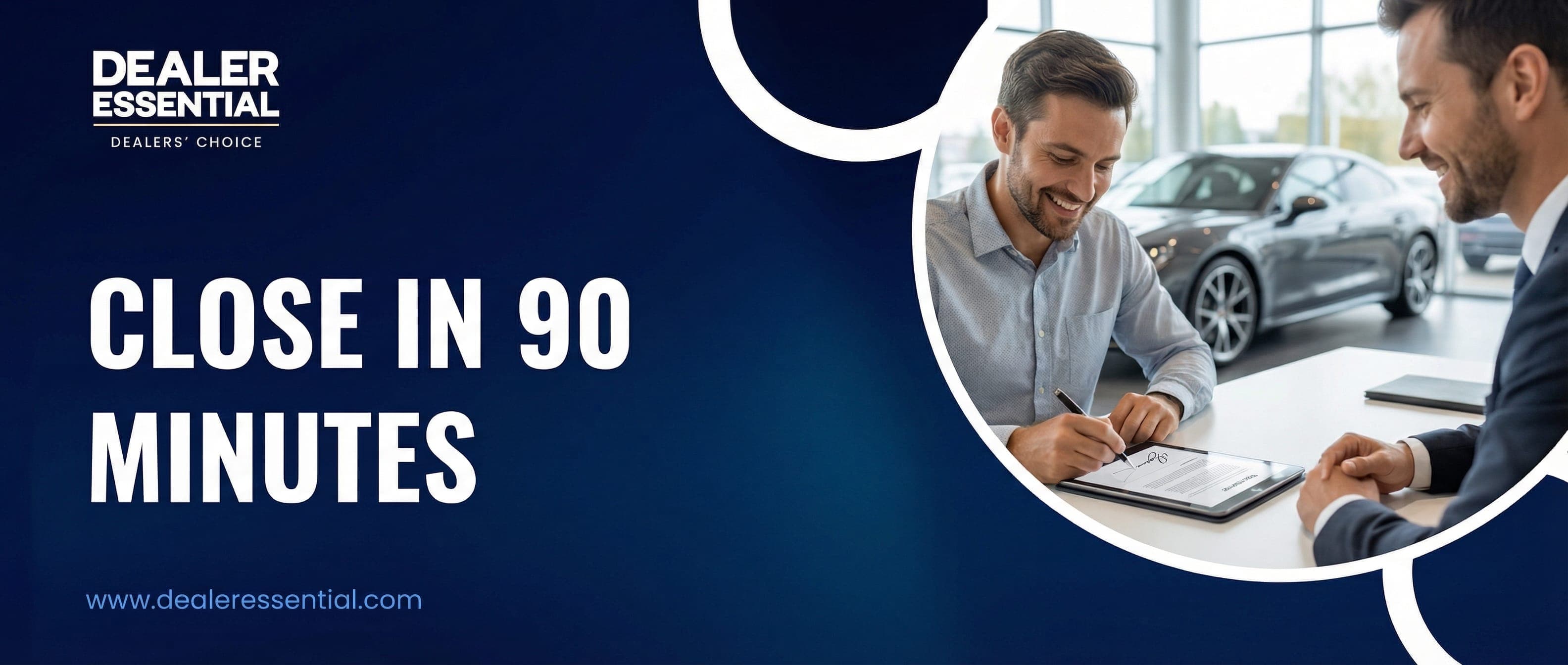 Happy customer signing digital paperwork on tablet at car dealership