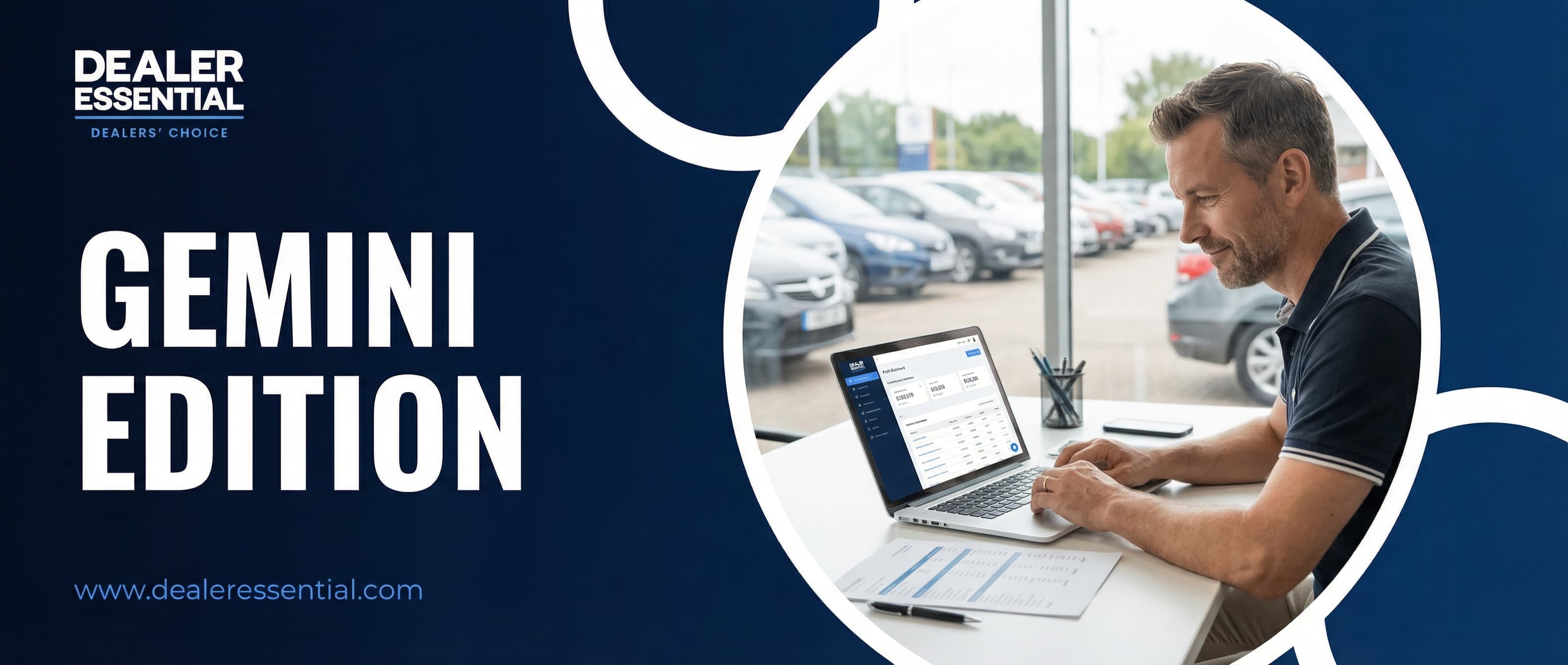 Dealer Essential February 2026 Product Update — dealer reviewing profit dashboard and website on laptop