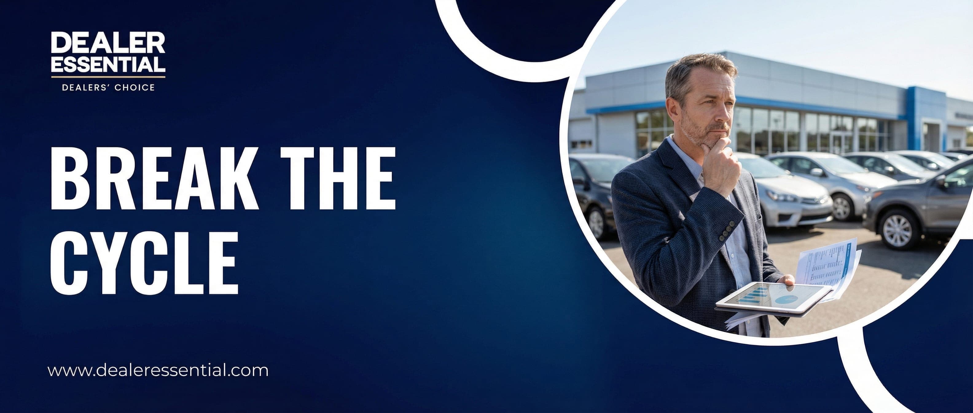 Small car dealer looking at financial documents with inventory in background