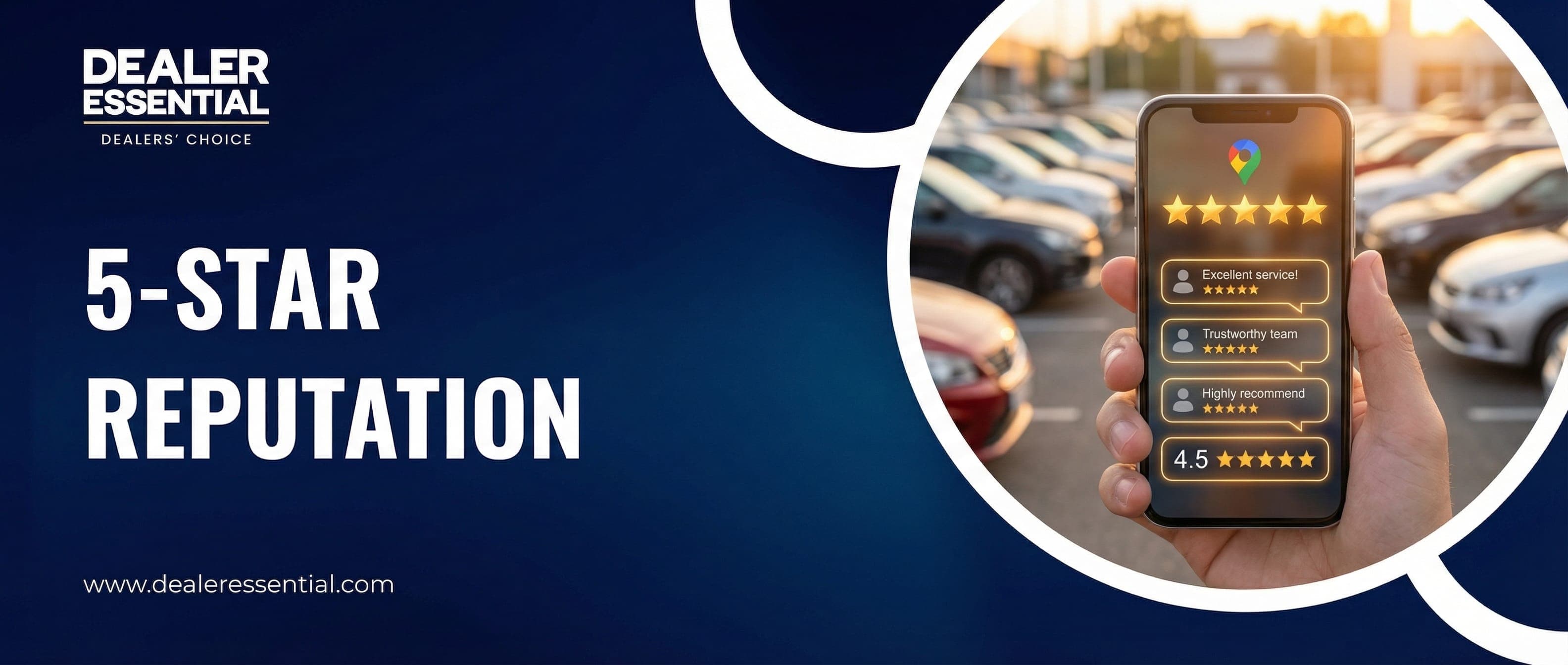 Five star Google review on smartphone with car dealership in background