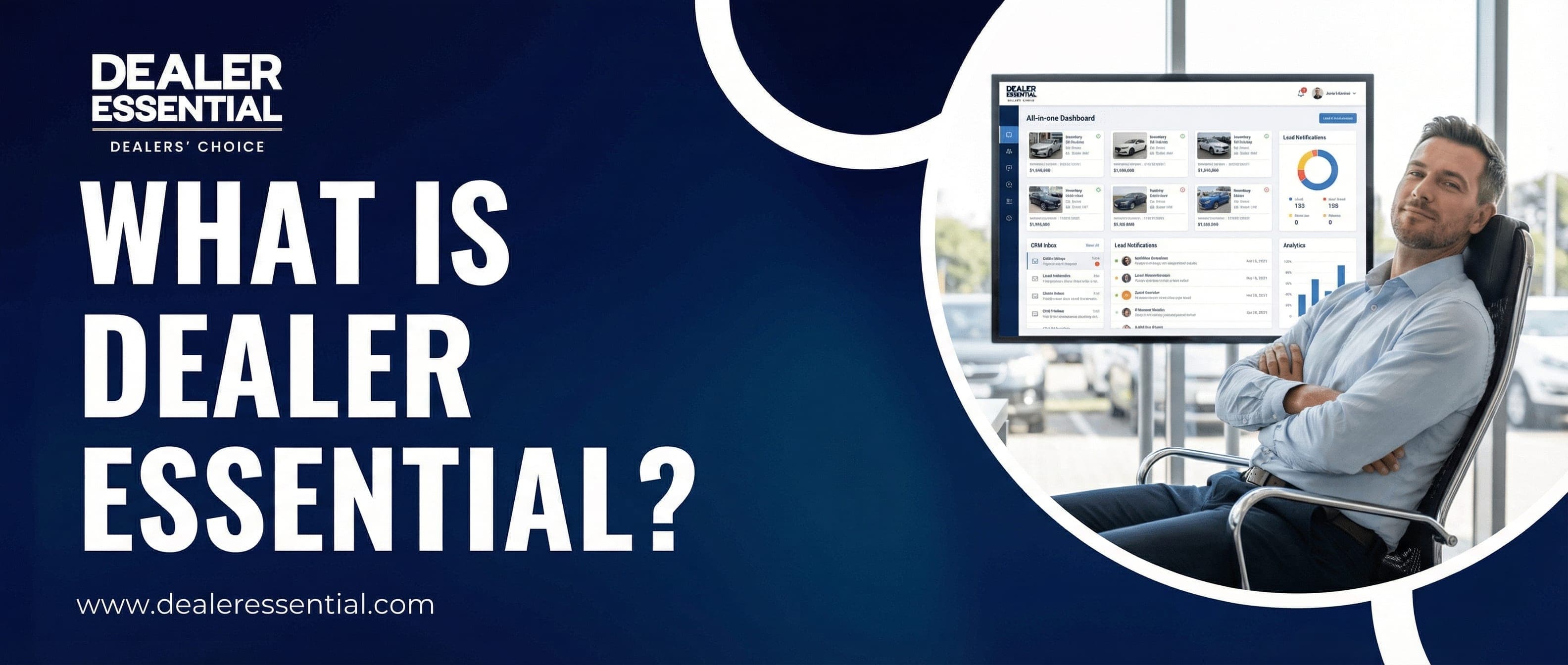 Dealer Essential dashboard showing inventory management and CRM features for independent car dealers