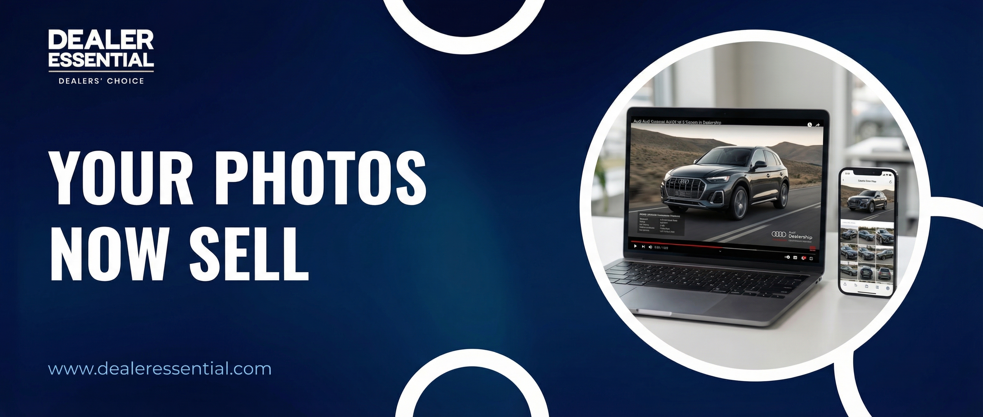 Professional AI-generated vehicle listing video playing on a laptop at a car dealership