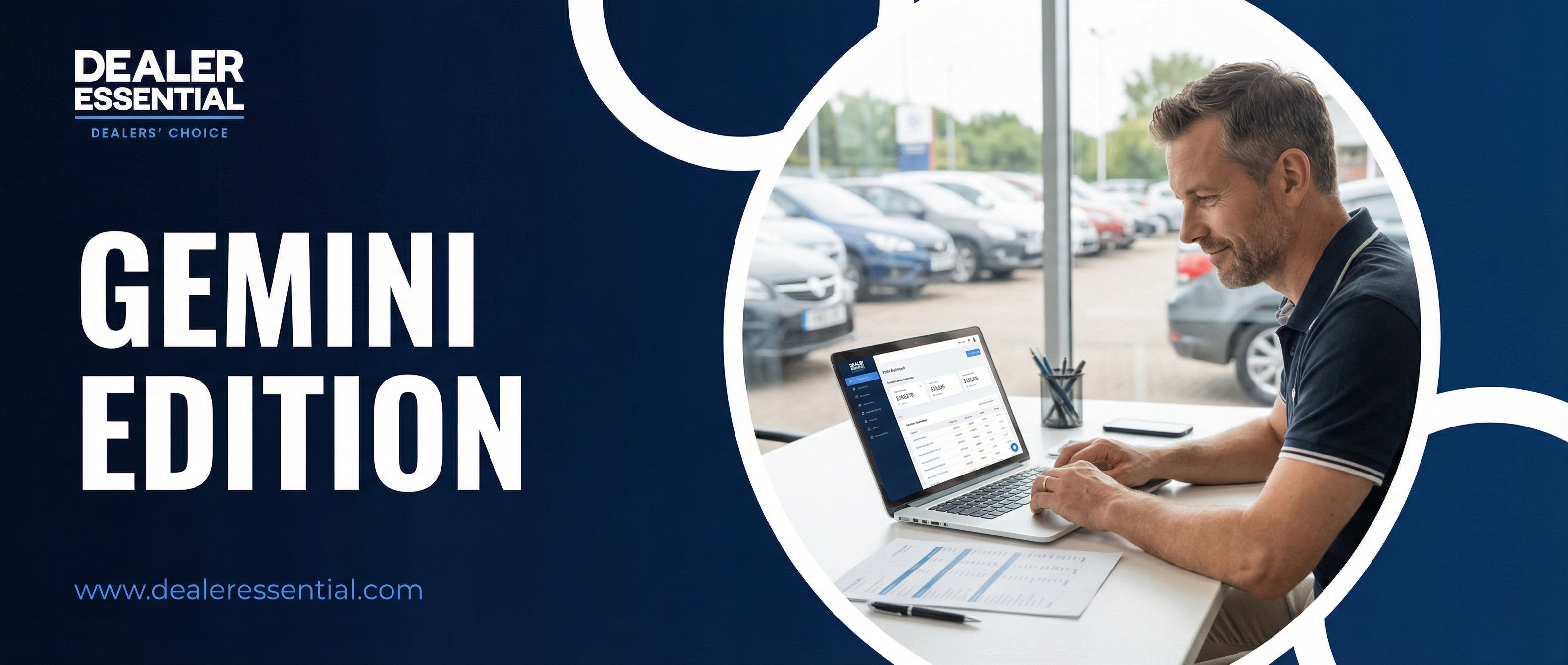 Dealer Essential February 2026 Product Update — dealer reviewing profit dashboard and website on laptop